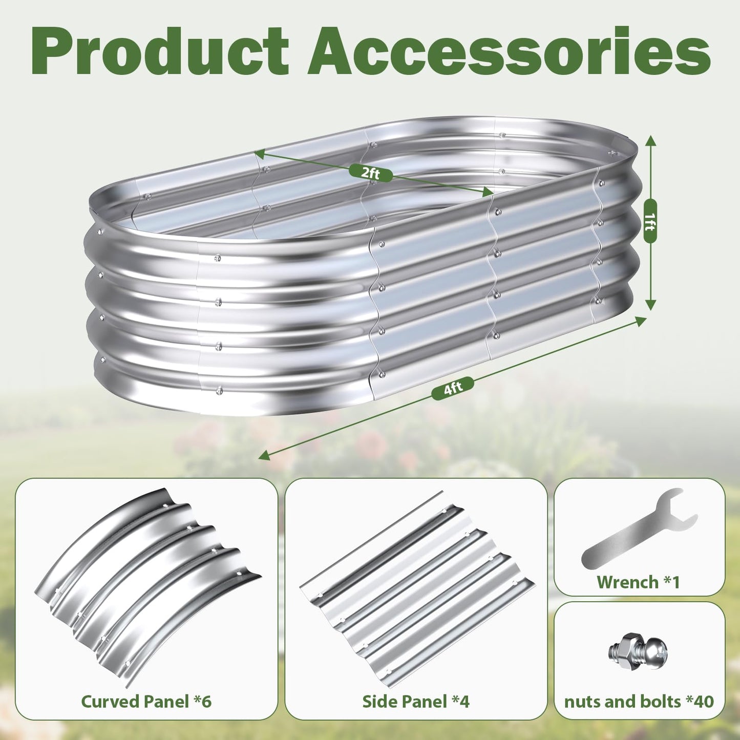 Tegarbed Galvanized Raised Garden Bed Outdoor, 4x2x1ft Metal Heavy Duty Planter Boxes for Gardening, Easy Assemble Bottomless Small Oval Plant Container Kit for Vegetable, Flower, Fruit, Silver, 1Pack
