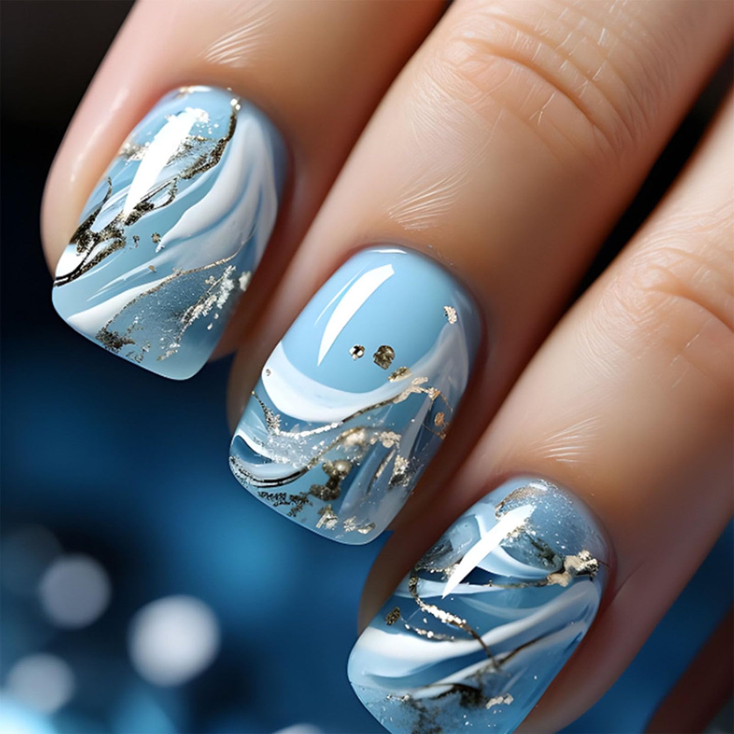 Square Press on Nails Short Fake Nails Blue Summer Nails Press ons with Cute Blue White Sea Waves Gold Foil Designs Glue on Nails Reusable Stick on Nails for Finger Manicure 24 Pcs