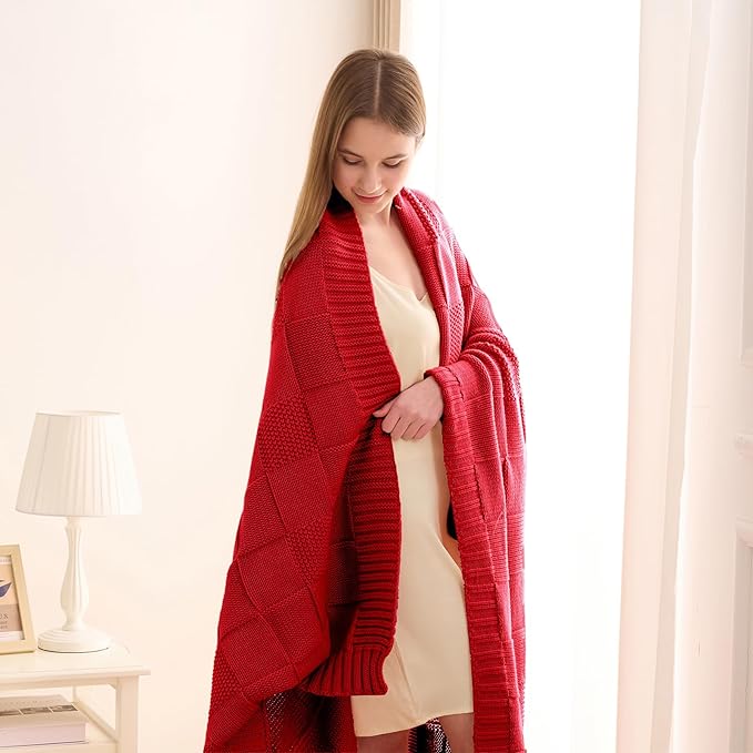 CozeCube Check Knit Throw Blanket, Christmas Red Checkered Bedroom Blanket for Couch, Soft Cozy Warm Knitted Blanket for Bed Sofa Living Room, Decorative Spring Fall Throw Blanket, 60"X80"