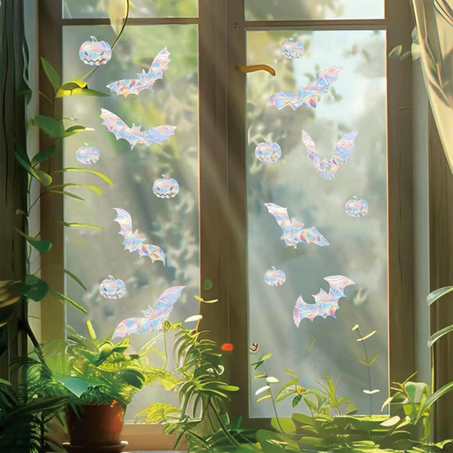 54PCS Halloween Bat Window Stickers Prevent Birds from Hitting Windows, Rainbow Sun Catcher Stickers No Glue Required, Non-Adhesive Reusable Vinyl Rainbow Stickers