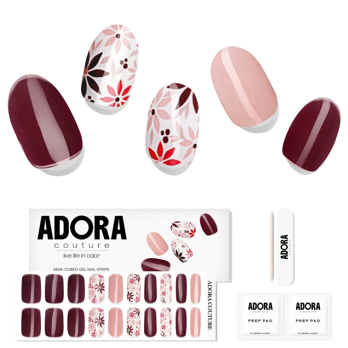 Adora Couture Semi-Cured Gel Nail Strips - 20 Salon-Quality Gel Sticker with UV Light Required, Long Lasting, Easy Application & Removal, Includes Prep Pad, Nail File, Wooden Stick – Meadows of Mocha