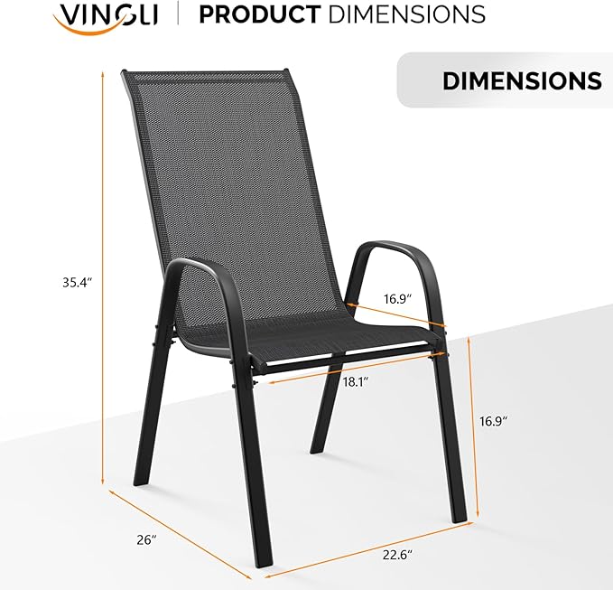 VINGLI Patio Chairs Set of 2 – Stackable Outdoor Dining Chairs with Comfortable Sling High Back Chairs and Armrests for Lawn, Poolside, Courtyard, Balcony, Garden, Black