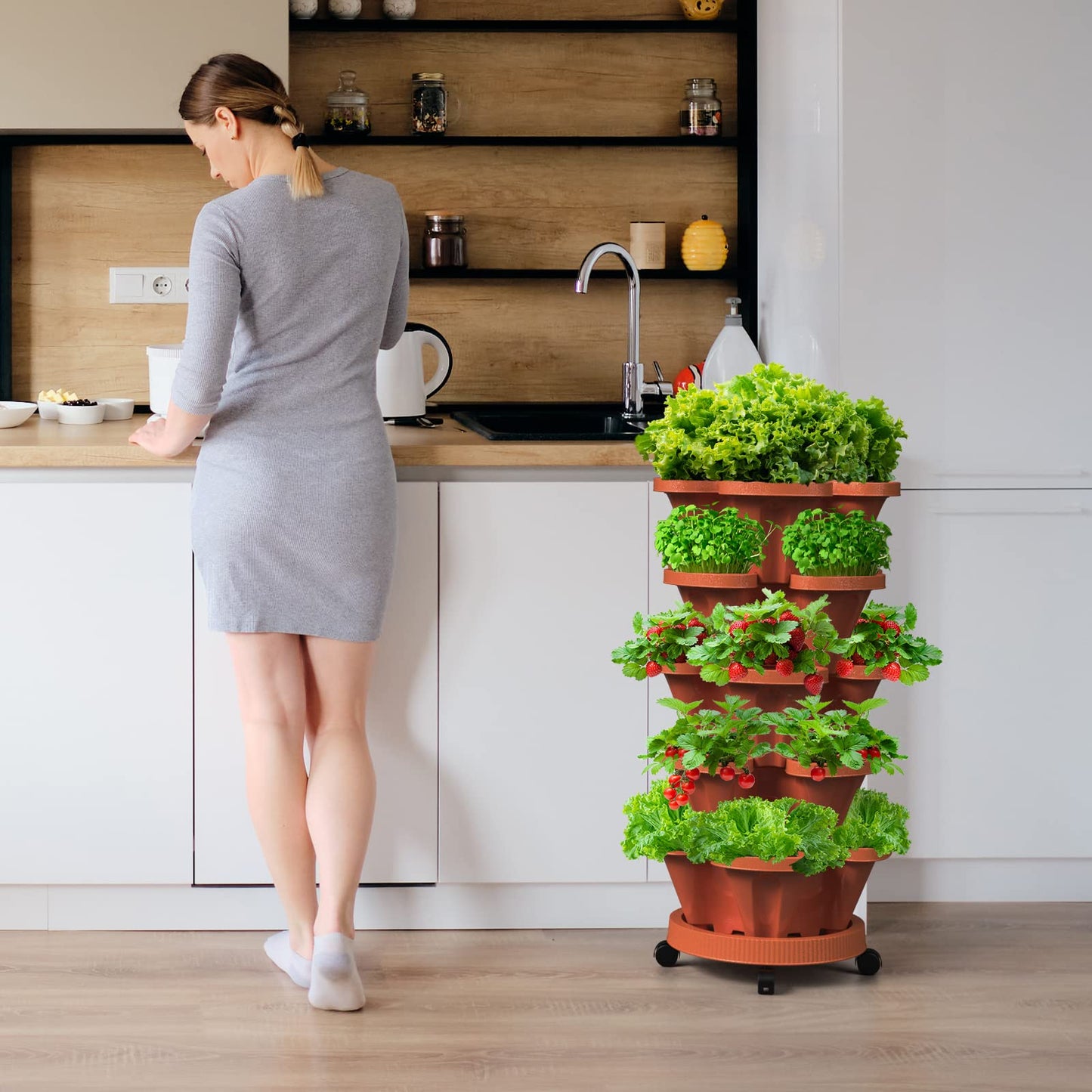 Tectsia Strawberry Vertical Planter, 5 Tiered Stacking Garden Tower, Stackable Herb Vegetable Planters with Support Pole Indoor and Outdoor - Terra Cotta