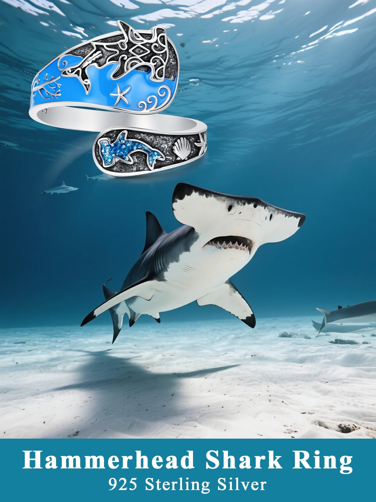 Midari Shark Spoon Rings for Women 925 Sterling Silver Adjustable Hammerhead Shark Ring Adjustable Spoon Rings Ocean Jewelry Gift for Women Wave Shark Lovers