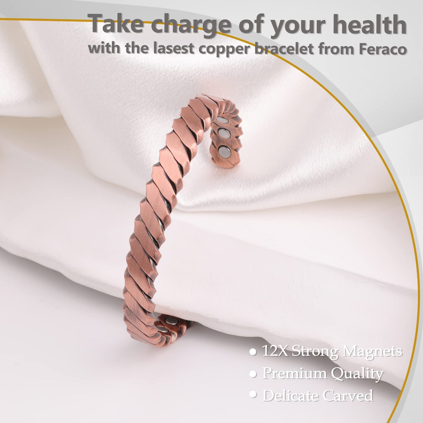 Feraco Copper Bracelets for Men, 12X Strength Pure Copper Magnetic Bracelet for Men with Neodymium Magnets, Adjustable Cuff Bangle (Woven)