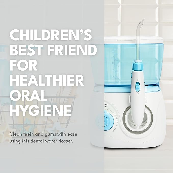 ToiletTree Products Children's Countertop Water Flosser - Dental Oral Irrigator for Kids - BPA-Free Dental Water Flosser with 600mL Capacity and Adjustable Water Pressure - Blue
