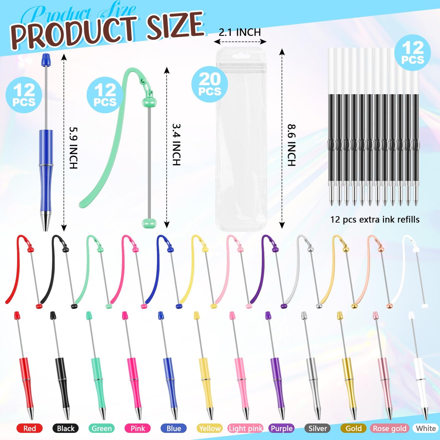 Kolldenn 56 Pcs DIY Beadable Bookmarks and Beadable Pens Kit Multicolor Bulk Metal Bookmarks Black Ink Pens with Refills Pen Packaging for Student Teacher School Craft Gift
