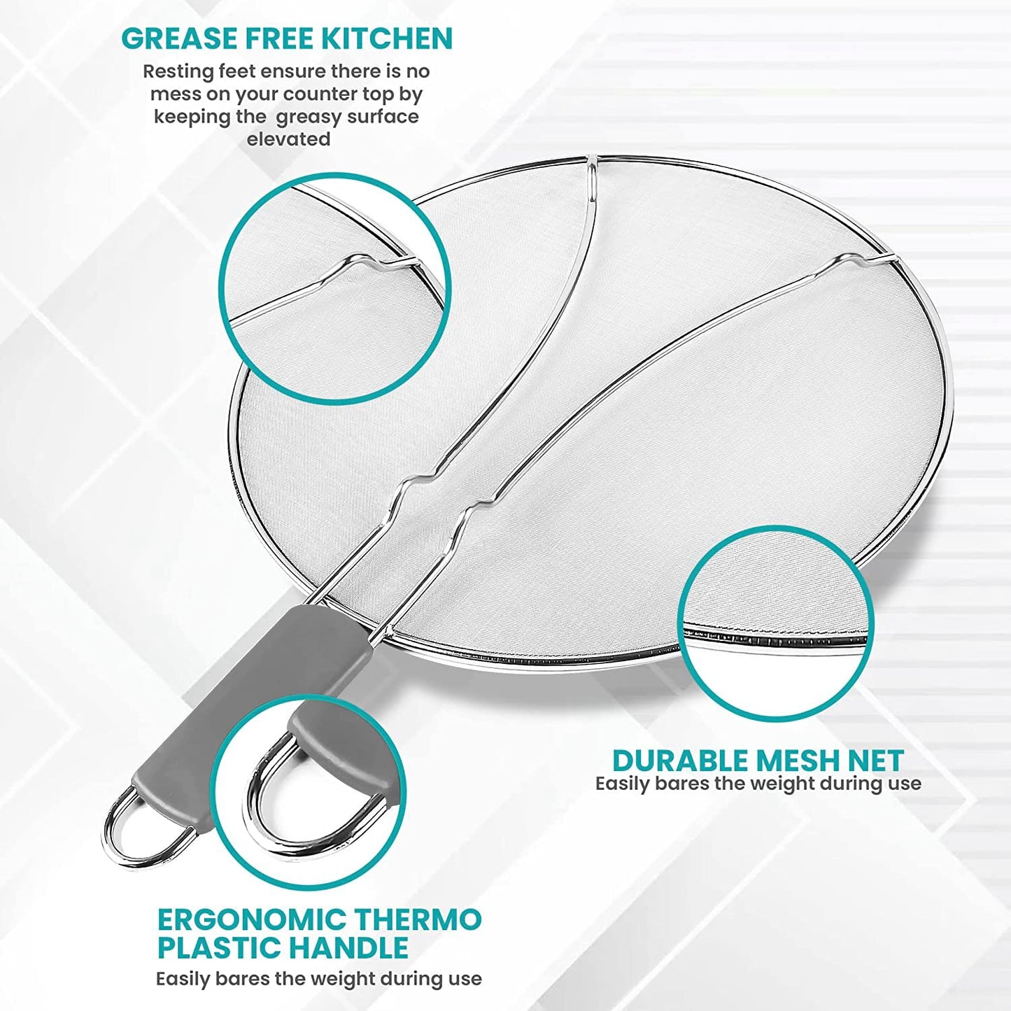 13" Grease Splatter Screen for Cooking | Stainless Steel Oil Splatter Guard and Ultra-Fine Mesh Protects Skin from Burns | TPR Tight-Grip Handle (Grey)