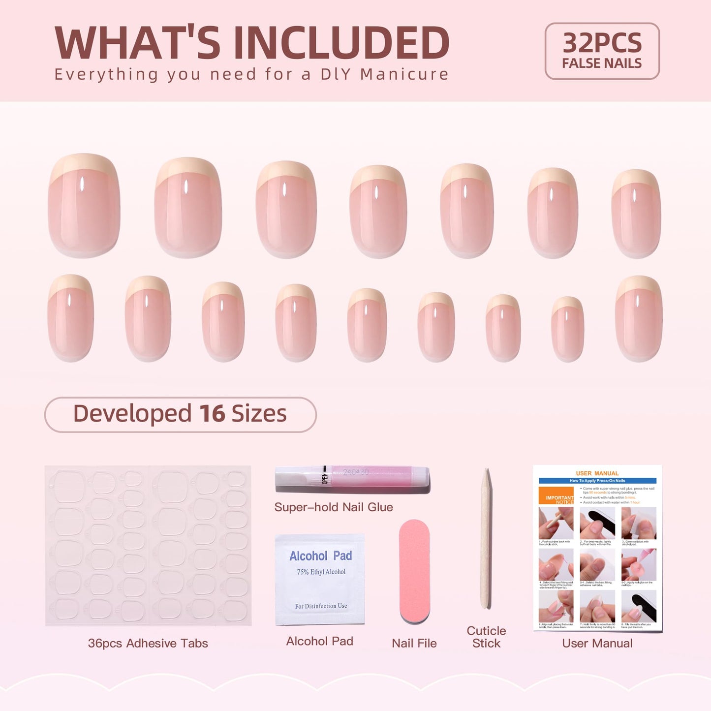 WAFOLOZE Light Yellow French Tip Press On Nails - Square Short Fake Nails, Glue On Nails Short, Artificial Nails 16 Sizes - 32Pcs Reusable Soft Gel False Nails Tips Kit, Stick On Nails for Women