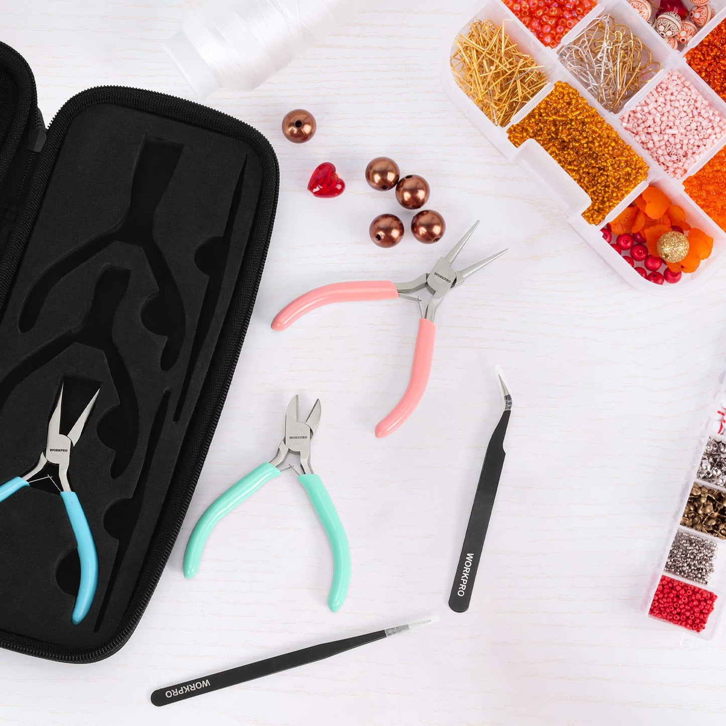 WORKPRO 5-Piece Jewelry Pliers Kit - Round Nose, Chain Nose, Wire Cutters, Pointed & Curved Tweezers, Case Included