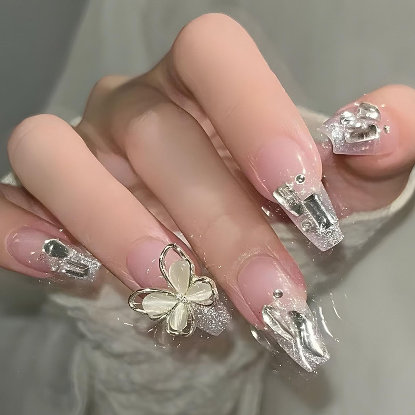 Medium Press on Nails Coffin Fake Nails with 3D Butterfly Rhinestones Charms Designs Glitter Nails Press ons Cute Acrylic Nails for Women 24Pc