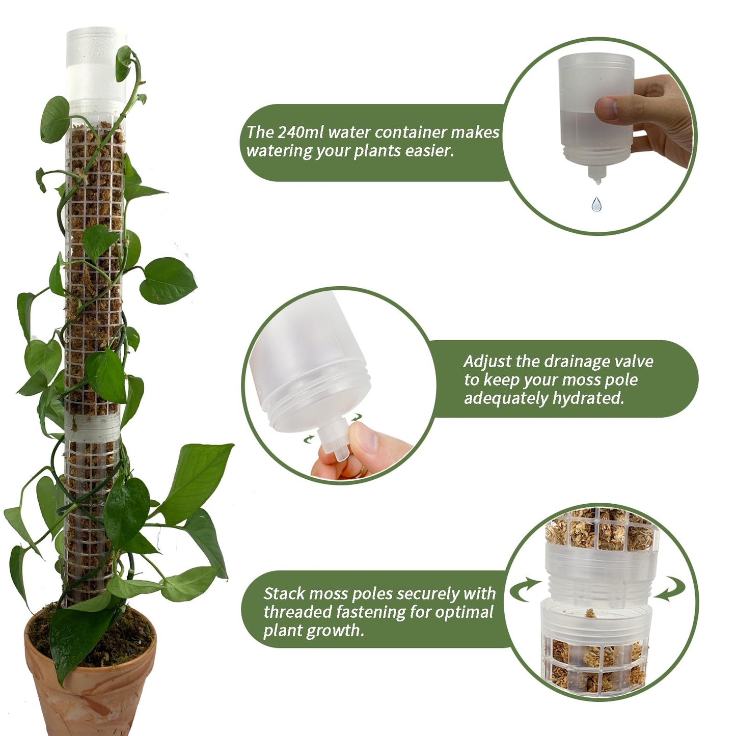 Jegu Self-Watering Moss Pole for Monstera Plant Support, 18.8 Inch Stackable Plastic Moss Pole for Climbing Plants. (4PACK-Large)