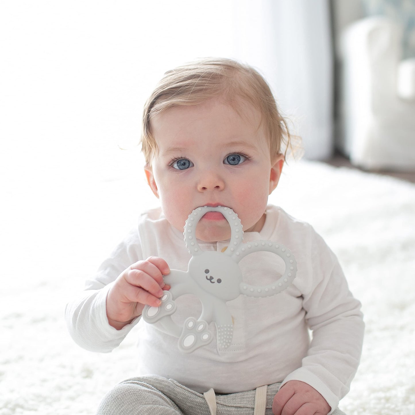 Dr. Brown's Flexees Gray & Pink Bunny Silicone Baby Teethers, BPA Free, for 3 Months+ Babies