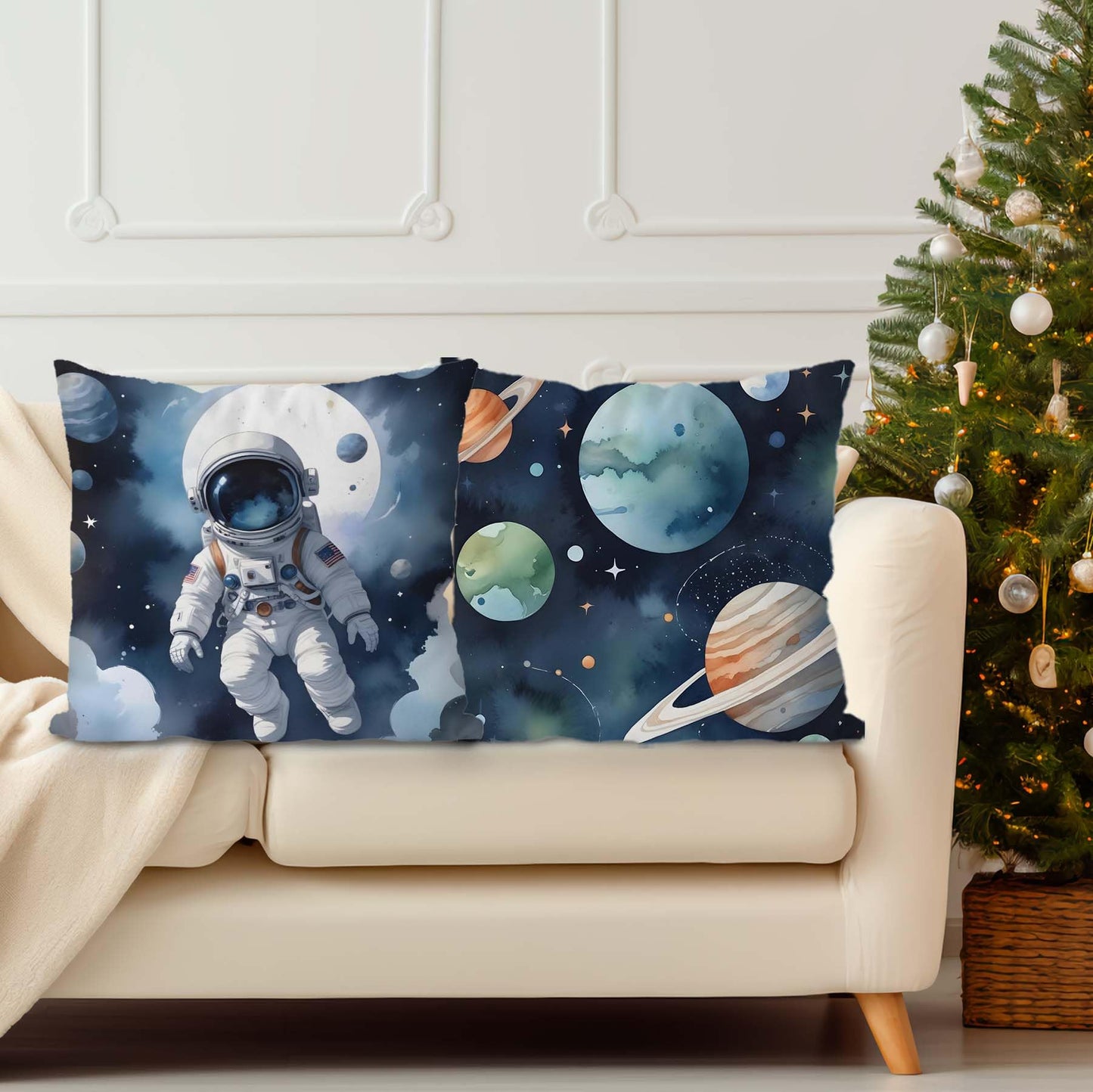 Likjad Space Pillow Covers 18x18 Set of 2, Space Decor for Boys Room, Blue Cosmic Planets Astronaut Decorative Throw Pillow Covers for Kids Boys Room Playroom Nursery Decor