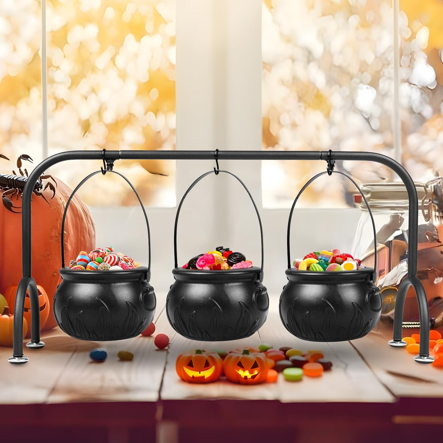 inin Easter Party Decorations Indoor,Set of 3 Witches Cauldron Candy Serving Bowls With Rack, Easter Candy for Kids, Halloween Party Supplies,Black Plastic Candy Cauldron for Table Decor
