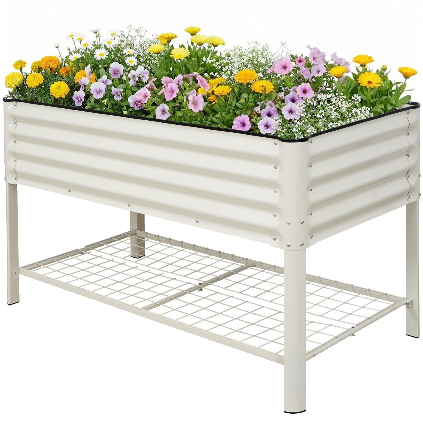 STBoo Elevated Raised Garden Bed with Legs - 48''x24''x32'' Galvanized Metal Standing Planter Boxes Outdoor with Bottom Storage Shelf for Backyard, Patio, Balcony, Vegetables, Flowers, White