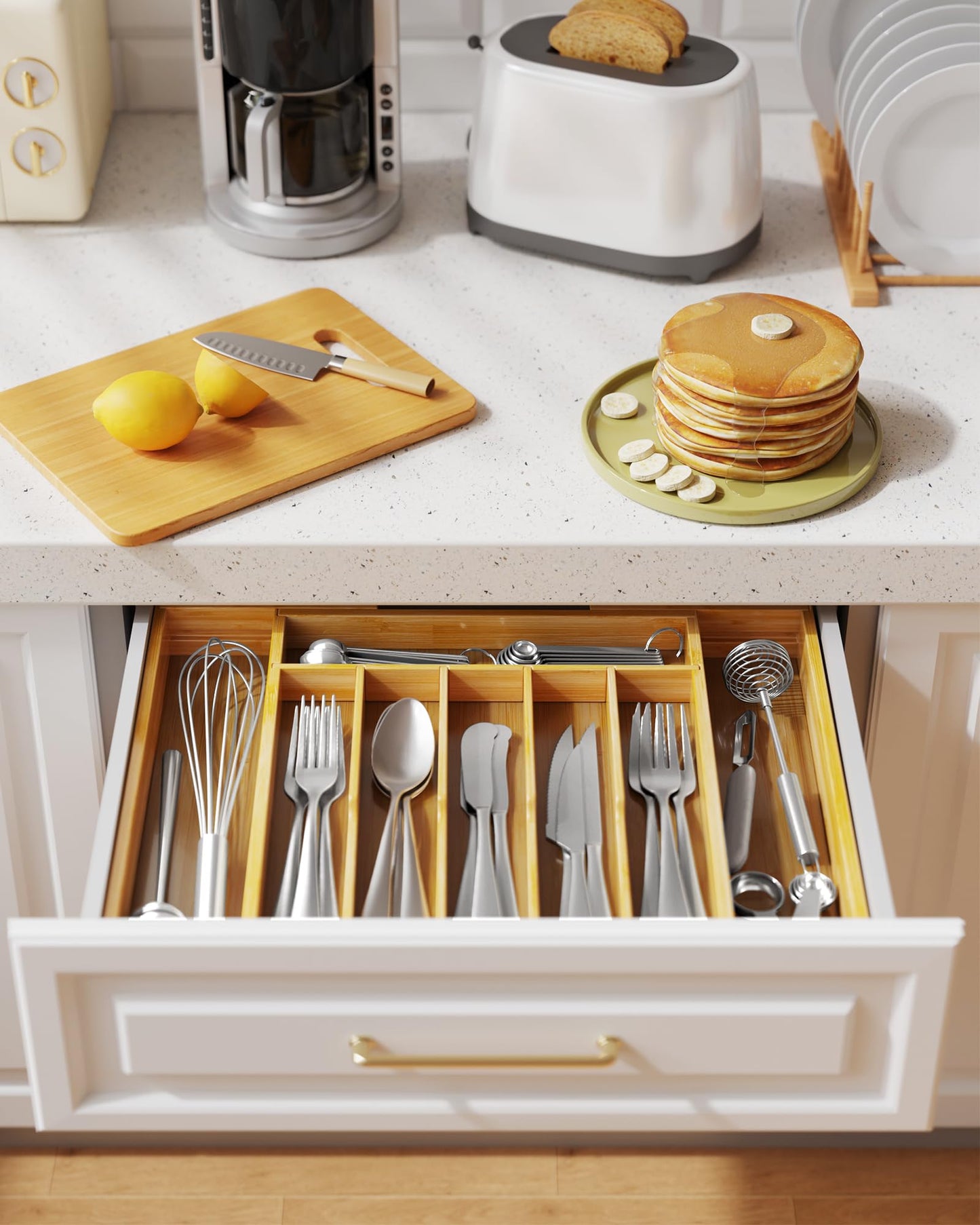 Kitsure Silverware Organizer - Expandable Bamboo Kitchen Drawer Organizer for Cooking Utensils and Cutlery, Sturdy & Thickened Kitchen Organizers and Storage Solution, Large, Natural