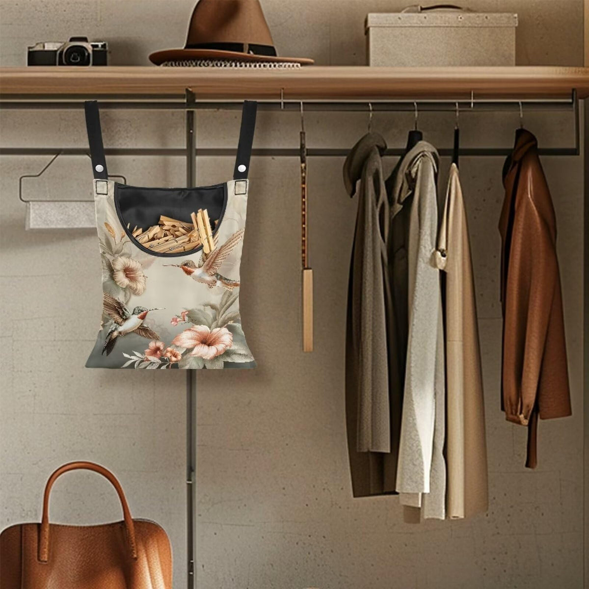 Hummingbird Clothes Pin Bag Poeny Flowers Clothes Pin Hanging Bag Fashion Clothespin Organizer Bag Portable Clothespin Storage with Large Opening Clothespin Storage for Small Items