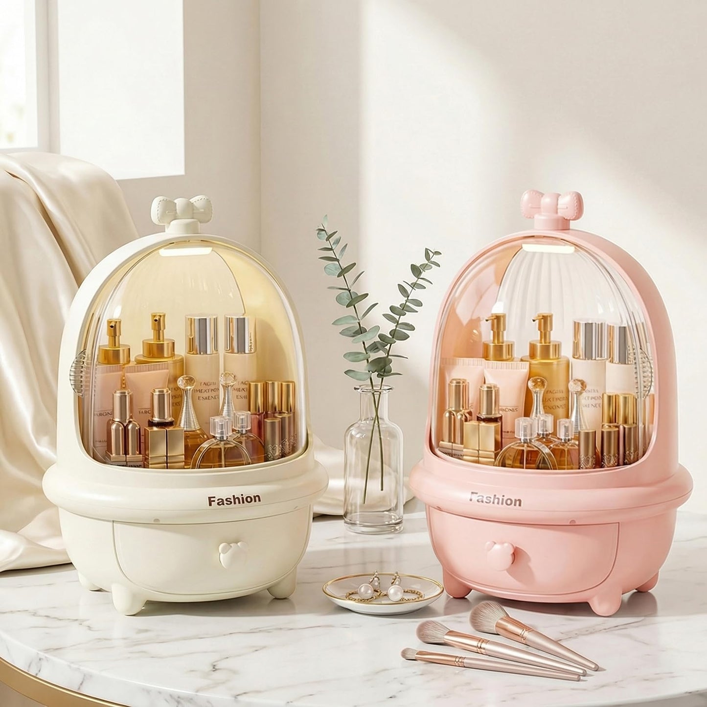 TIMBERHIDE 360° Rotating Cosmetic Storage Box,Cute Fashion Makeup Organizer with Drawer,Dustproof Skincare Display Case for Vanity Countertop Bathroom,Ideal Gift for Women（Cream）