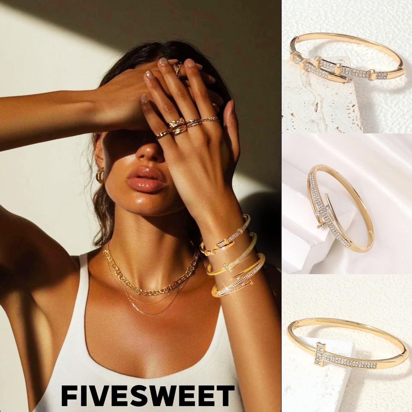 Pack of 6 - Silver Bracelet Bangles Bulk Set for Women,Trendy Stackable, Zinc Alloy Rivet & Four-Leaf Clover Design Stackable Bangles with Rhinestones, 2.4 Inch Diameter Fits Most Adults, Jewelry Gift for Her, Girlfriend, Wife, Mom, Sister, Lover on Birth