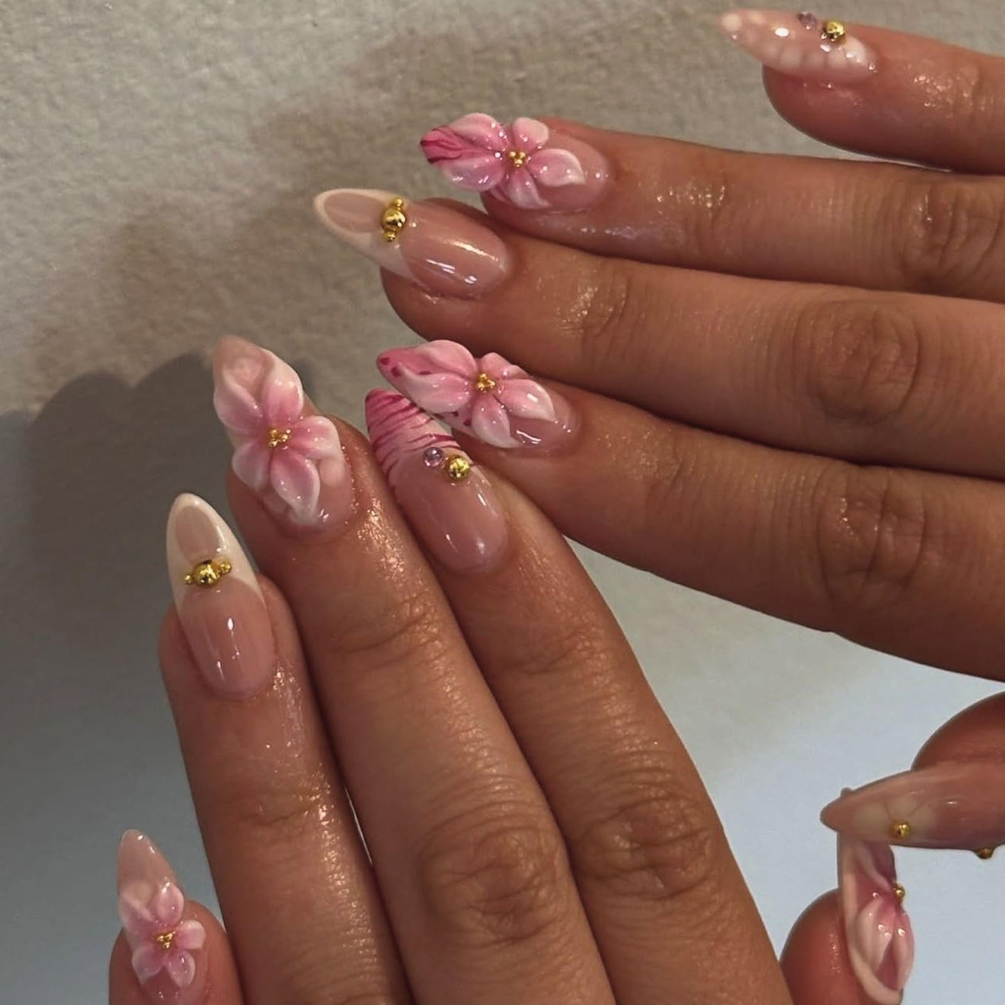 IMRAIN Summer Press on Nails Medium Almond Fake Nails with 3D Pink White Flower Designs Glossy French Tips False Nails Cute Floral Glue on Nails Acrylic Nail Supplies