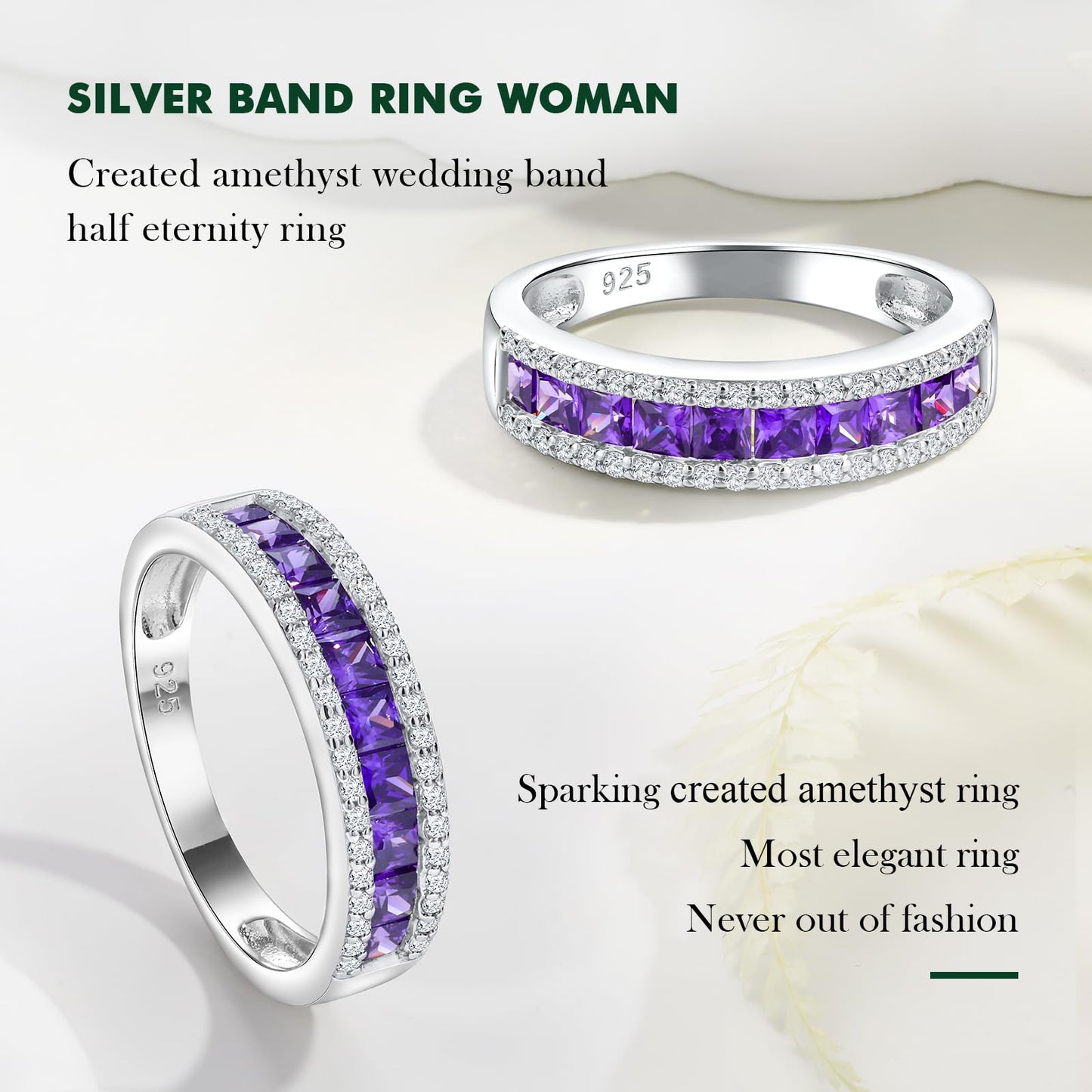 RANDES 925 Sterling Silver Amethyst Ring Half Eternity Band Rings for Women Channel Set February Birthstone Purple Ring Size 9
