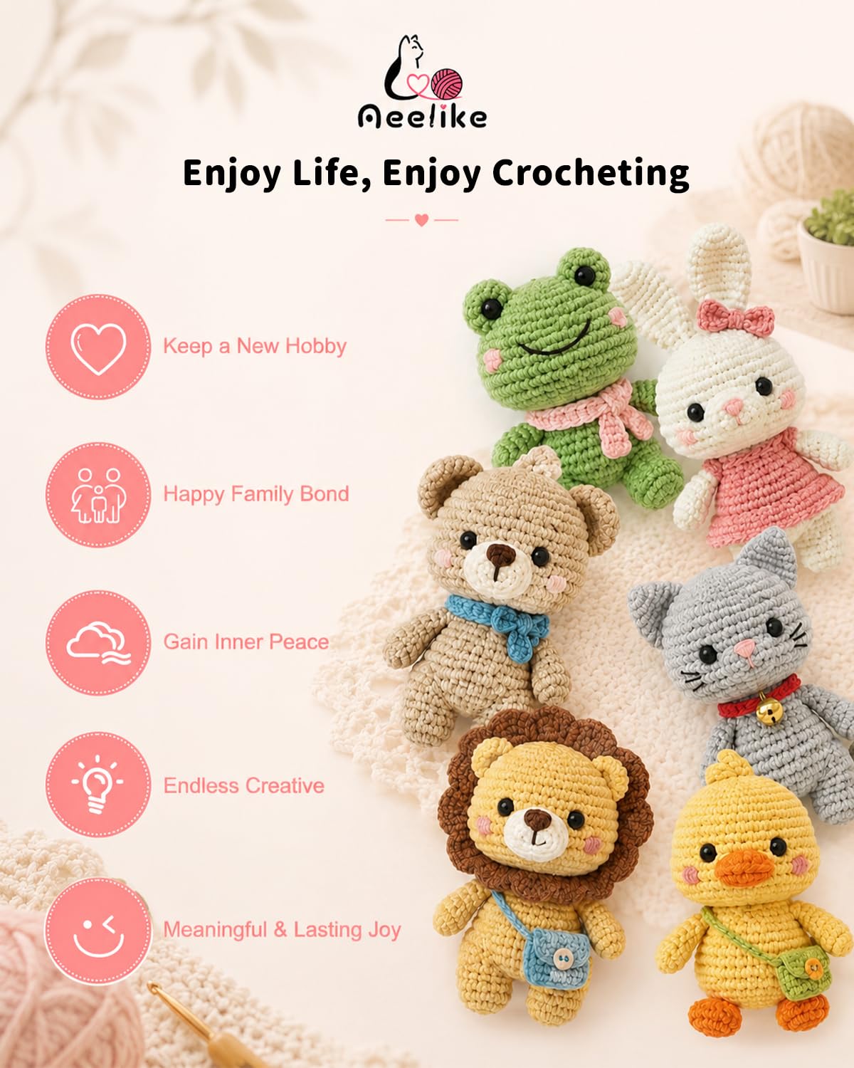 Aeelike Crochet Kit for Beginners Adults, Crochet Kits Include Yarn, 59pcs Crochet Starter Kit for Beginners,Ergonomic Crochet Hooks 2.0-6.0 mm, Lace Steel Needles 0.6-1.9 mm