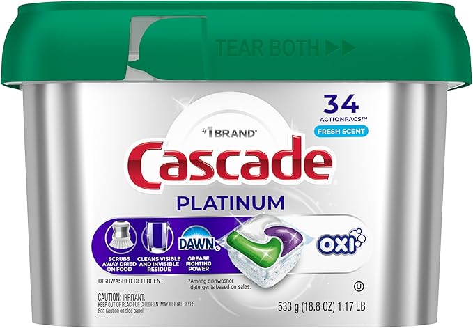 Cascade Platinum Dishwasher Pods, Dishwasher Detergent, Dish Detergent Soap, Fresh, 34 count