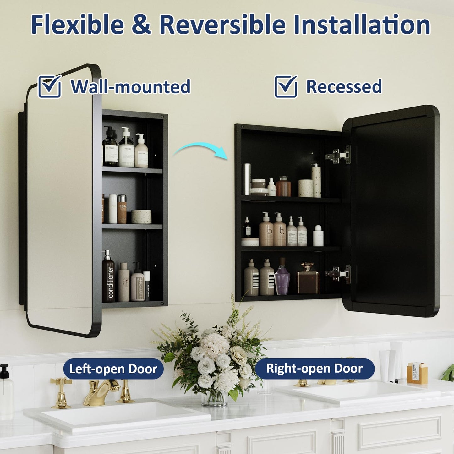 Yunnshee Yursa Medicine Cabinet Mirror 16x24 Inch, Black Bathroom Mirror Cabinet with Stepless Adjustable Shelves, Rounded Rectangle Metal Framed, Bathroom Mirror with Storage Recessed or Wall Mount