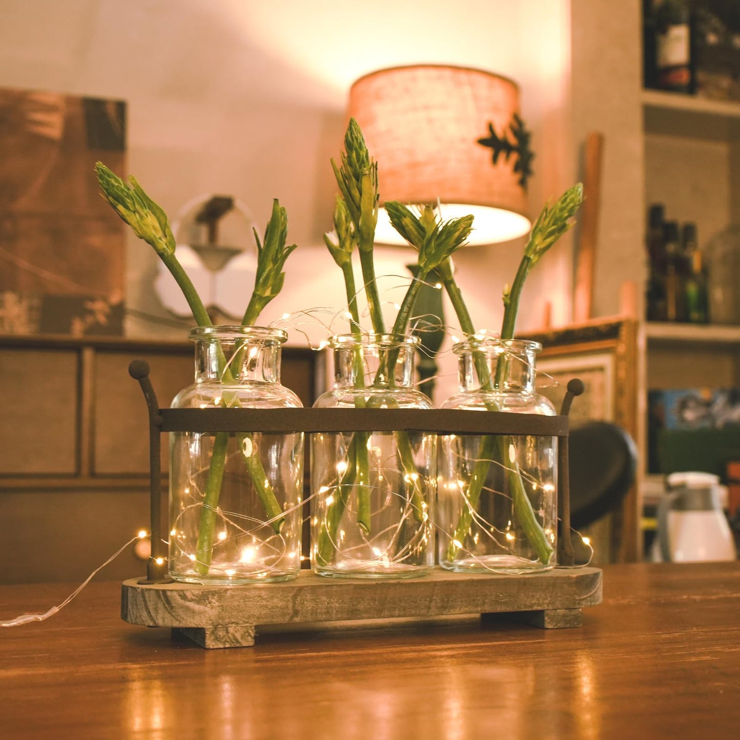 Funsoba Vase Set with Flower and LED Lights, 3 Glass Mason Jars with Artificial Peony Flowers, Rustic Gray-Washed Wood Tray, Farmhouse Table Decor