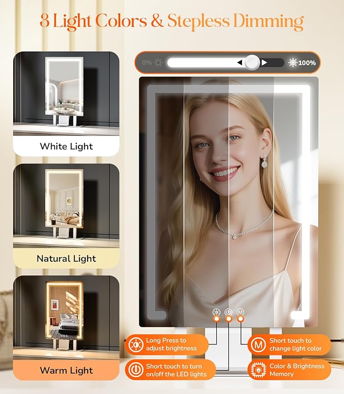 Gospire Hollywood Lighted Makeup Mirror, 4000mAh Rechargeable Vanity Mirror, 3 Color Modes Lighting Mirror with Magnification 5X/10X, Touch Control&Phone Holder, LED Desktop Mirror for Bedroom