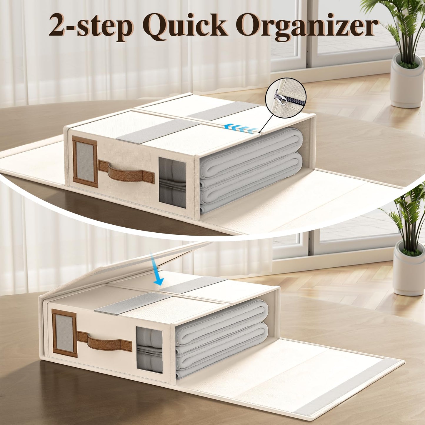BigPonPon 4 Pack Foldable Bed Sheets Set Organizers and Storage(King & Queen Size),Linen Fabric Closet Organizers with Window,Folding Bedding Storage Box for Bedsheets and Pillow Cube Organizer-Beige