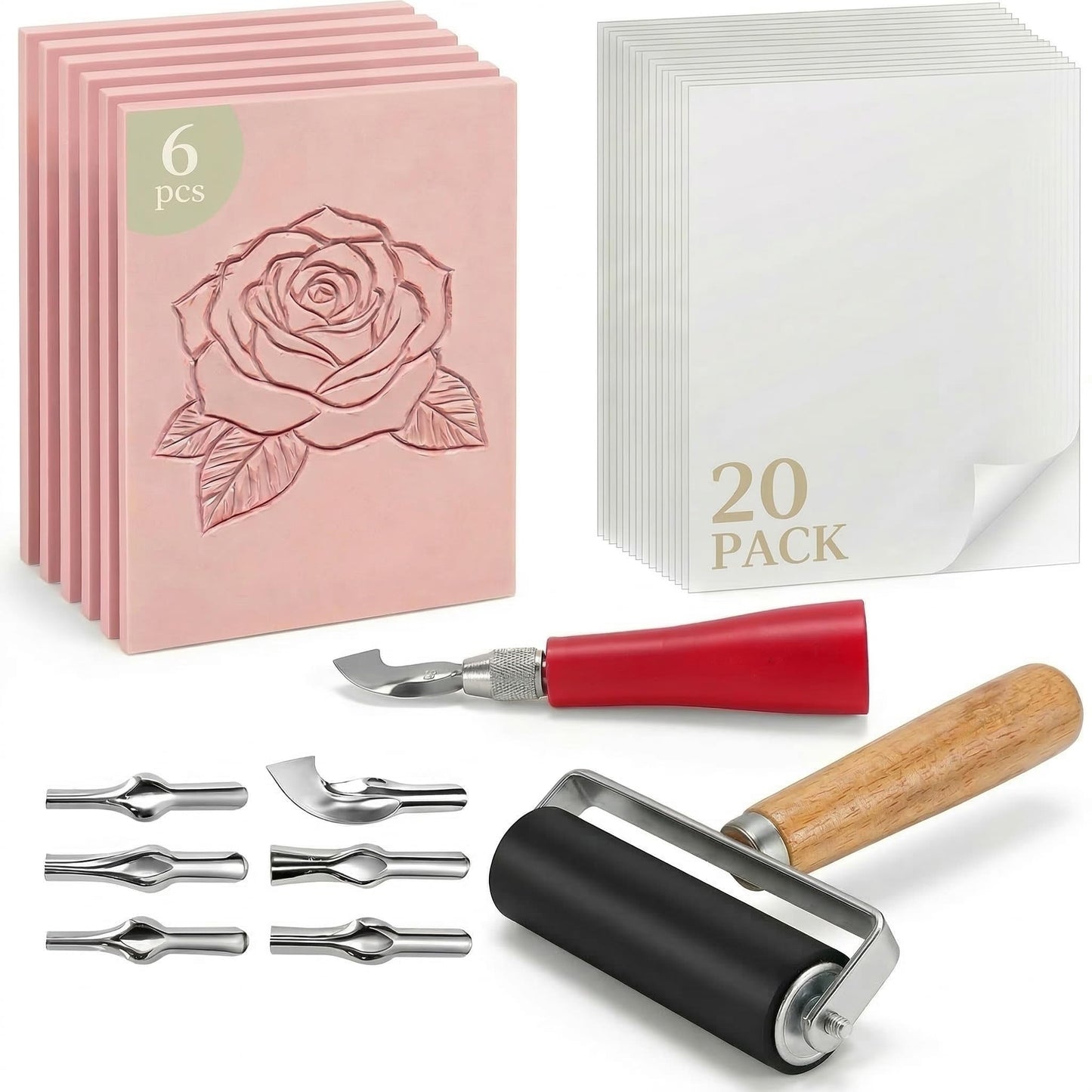 Oopsu Linocut Printmaking Kit - 6 PCS 4"x6" Soft Rubber Linoleum Blocks, Brayer & Carving Tools | Block Printing & Stamp Making Supplies for Beginners, Hobbyists & Artists