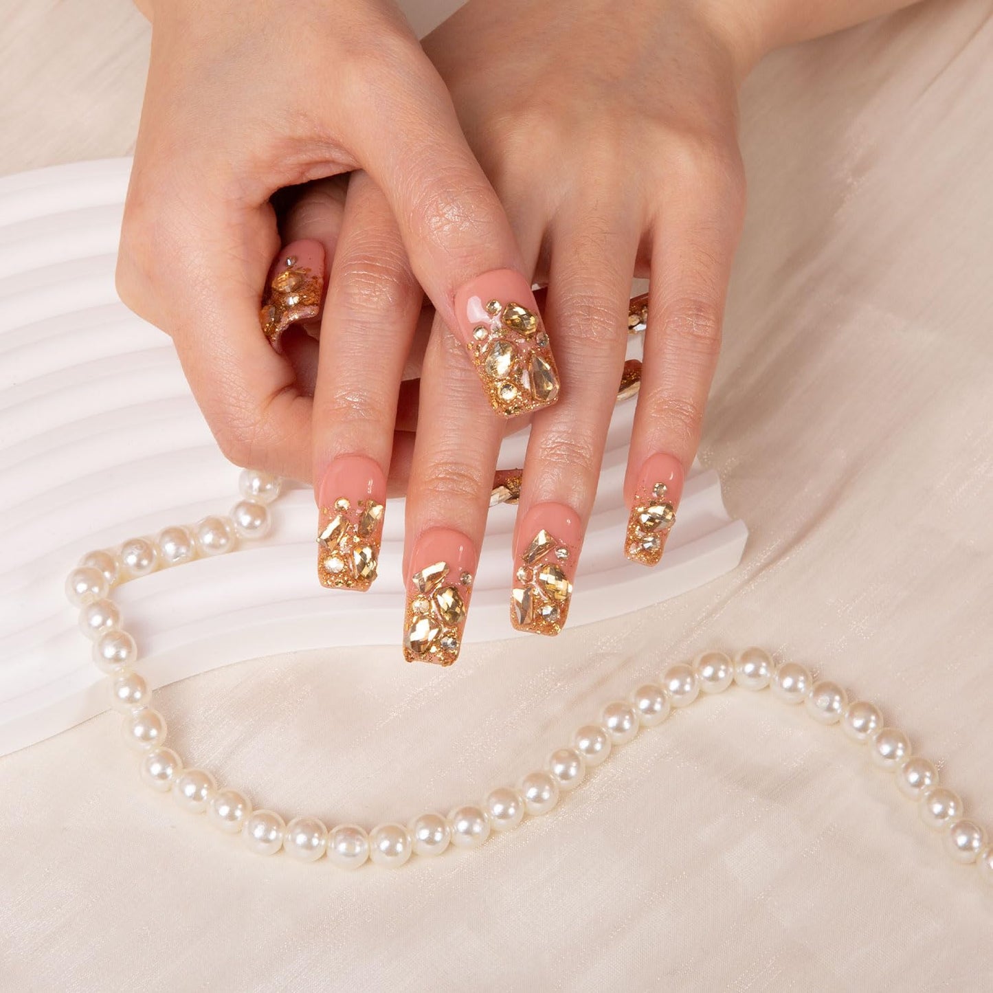 LOVFUL Press on Nails Stardust Gold| Handmade with Full Covered Crystals | Reusable Fake Nails | Square Regular 1.0 in | H84-S