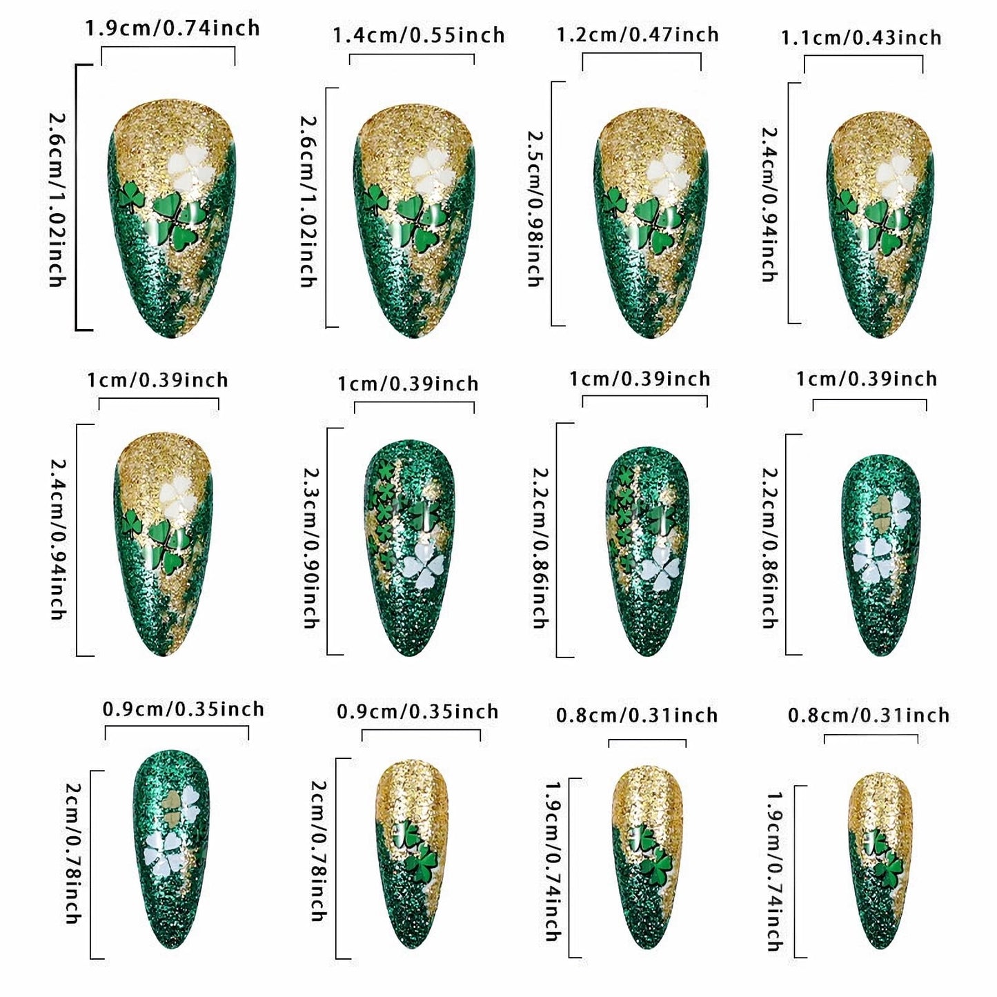 MISUD Press on Nails - Medium Almond Fake Nails with Shamrock, Acrylic Bling Green Gold Glitter Design 24 pcs