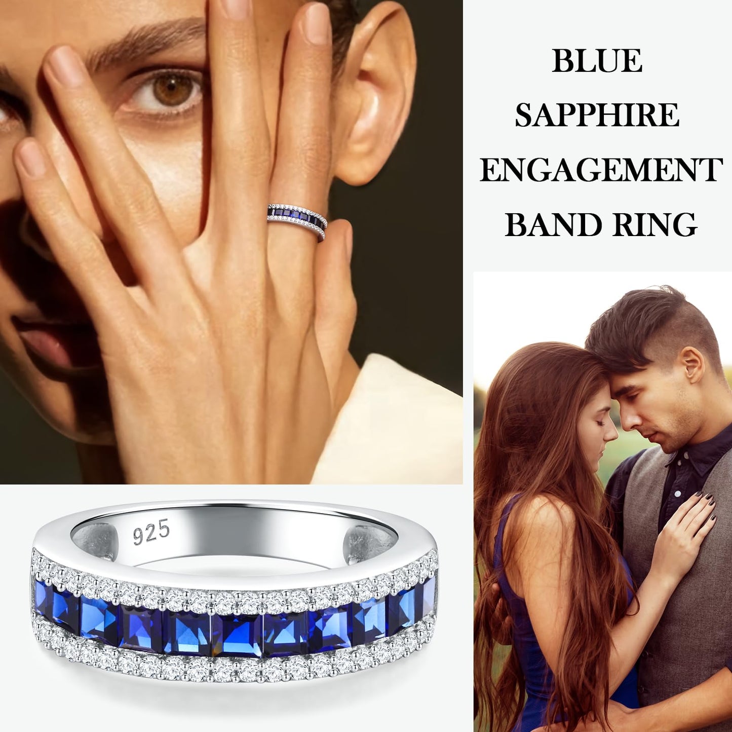 RANDES Blue Sapphire Ring Half Eternity Wedding Band 925 Sterling Silver Thick Band Rings for Women Size 7