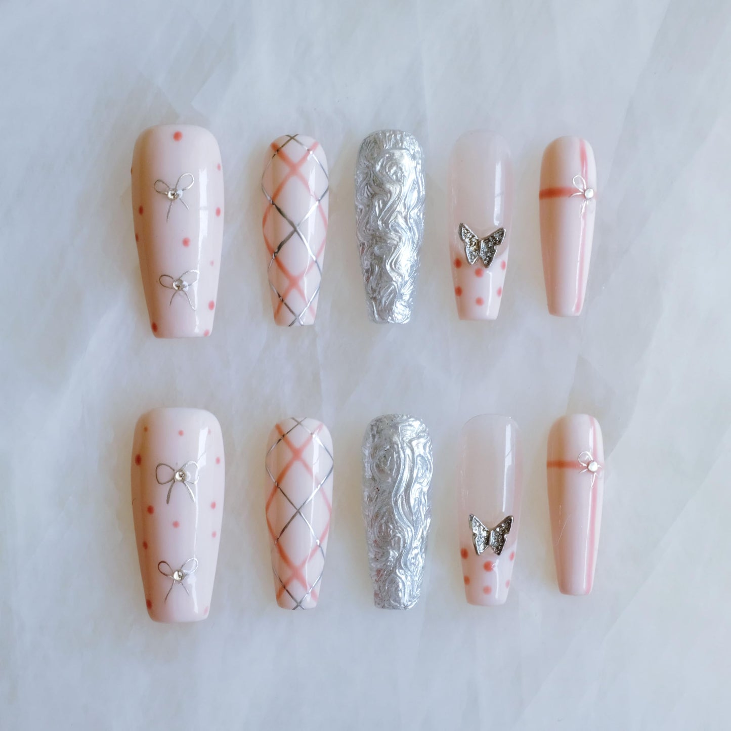 GLORS Press-on Nails, Long Ballerina Style, Pink with 3D Silver Butterfly and Bow Design, Handmade False Nail 10 Pieces (Small, LB)