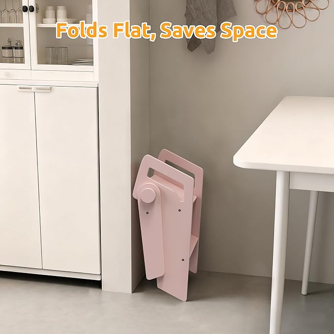 Wooden 2 Step Stool for Kids Bathroom Foldable 2-Step for Toilet Potty Training, Child Stepping Stool for Kitchen Nursery Bedroom Pink