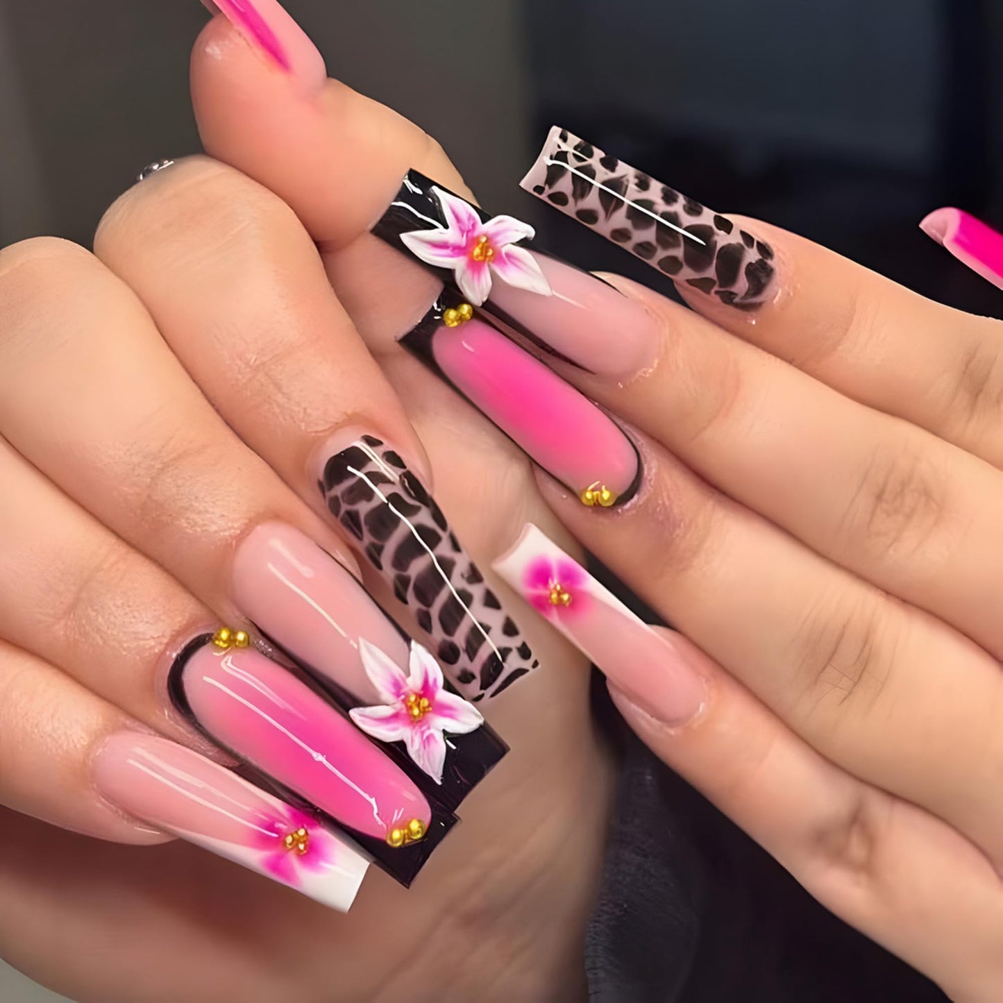 Press on Nails Pink Long Square with Flowers Stick on Nail 24pcs
