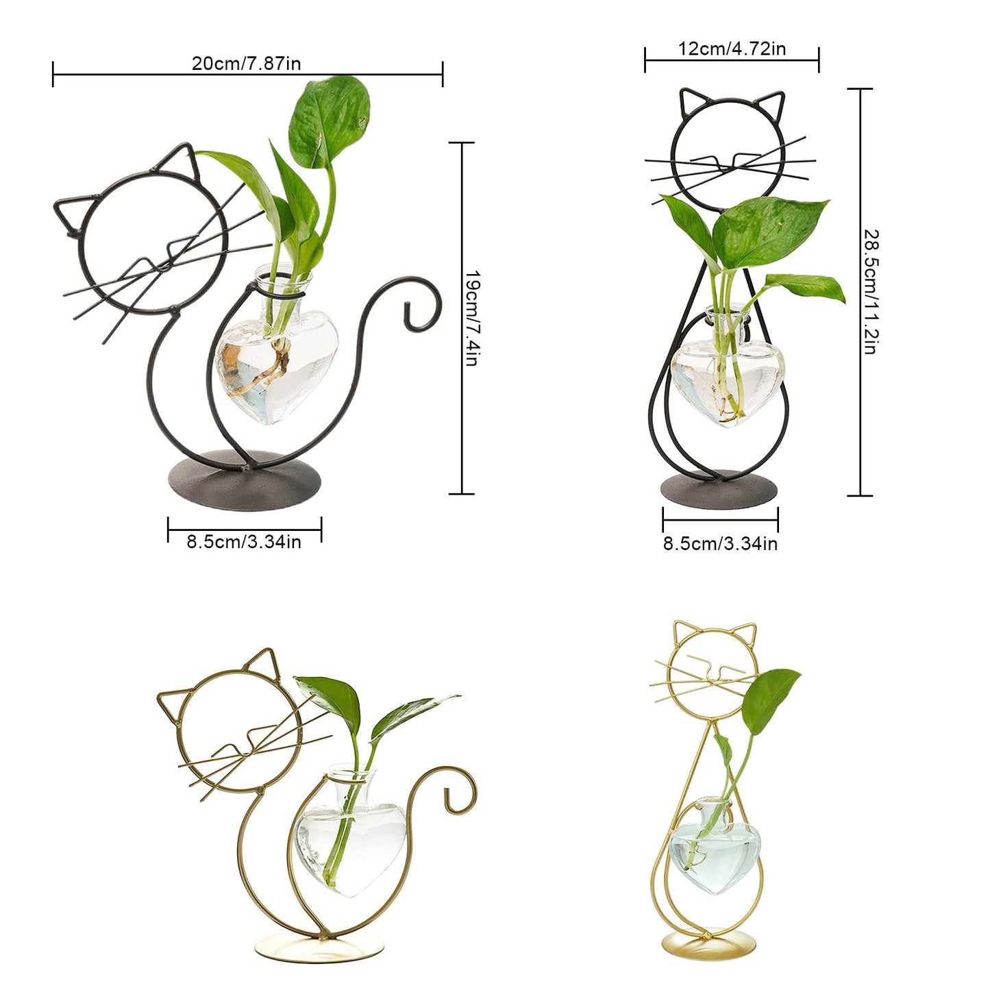 Cat Glass Planter Vase Holder - Plant Terrarium - Simple Cat Iron Flower Ware Hydroponic Flower Arrangement Vase (Sit)