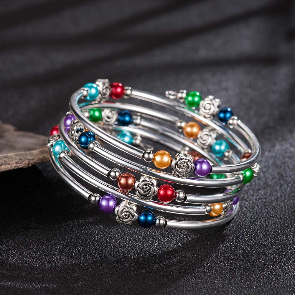 BULINLIN Wrap Bangle Rose Bead Bracelet - Beaded Bracelet with Natural Agate Stone Gifts For Women(01-Colorful pearl)