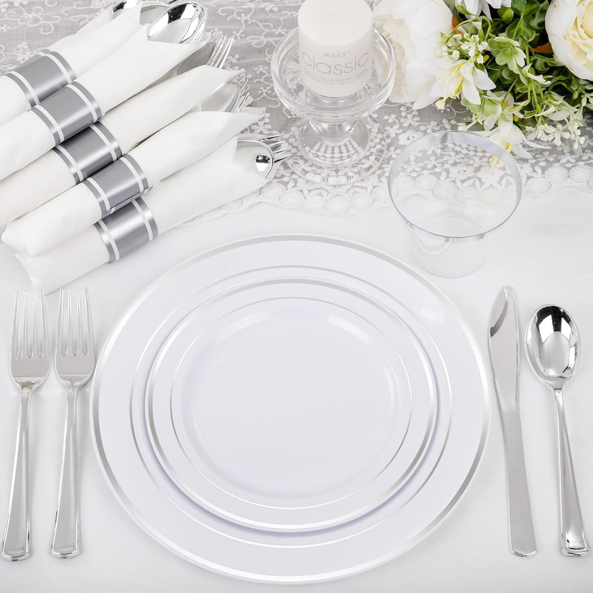 WELLIFE 210 Piece Silver Plastic Dinnerware Set for 30 Guests, Plastic Plates for Party, Include: 30 Dinner Plates, 30 Dessert Plates, 30 Pre Rolled Napkins with Silver Silverware and 30 Silver Cups