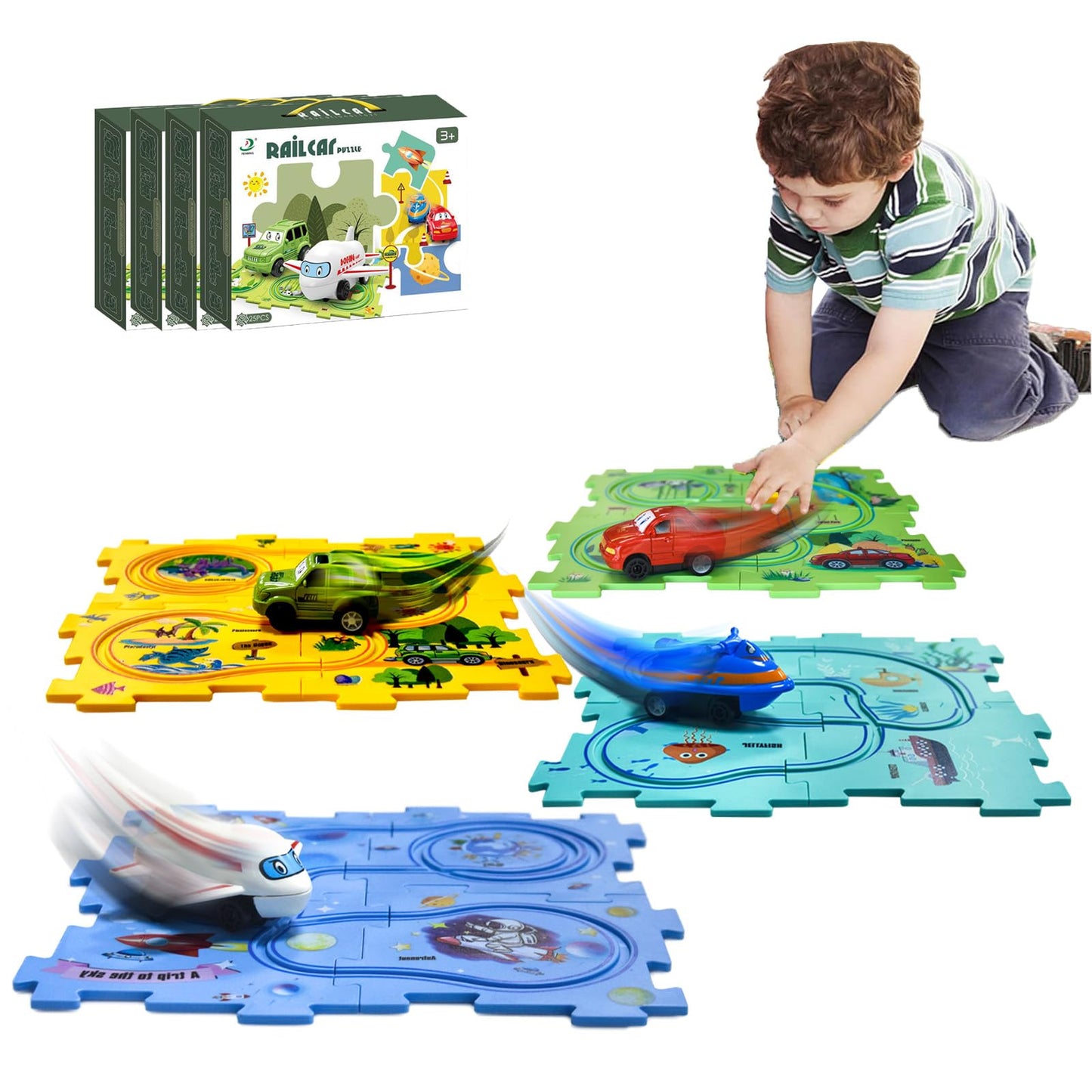 Ubegger Puzzle Racer Kids Car Track Set Educational Puzzle Track Car Play Set Rail Car Puzzle with Battery-Operated Toy Vehicle & Puzzle Board for Kids Ages 3+ (5PCS, 4 Style)