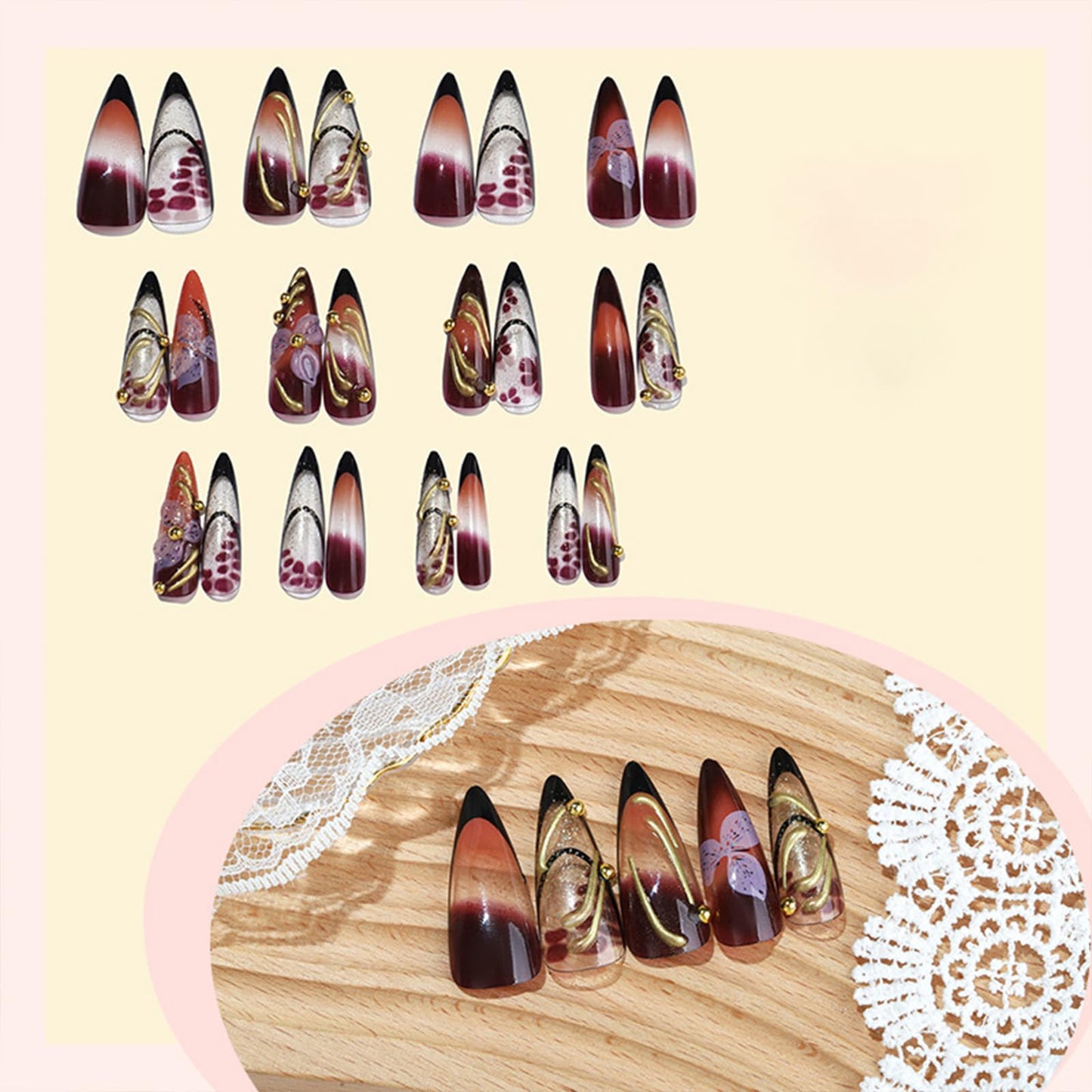 SINHOT Stiletto Press on Nails Long - Long Fake Nails, Glossy Finish, 3D Flowers & Gold Chrome, DIY Artificial False Nail Art - 24 Pcs Nail Kit with Glue