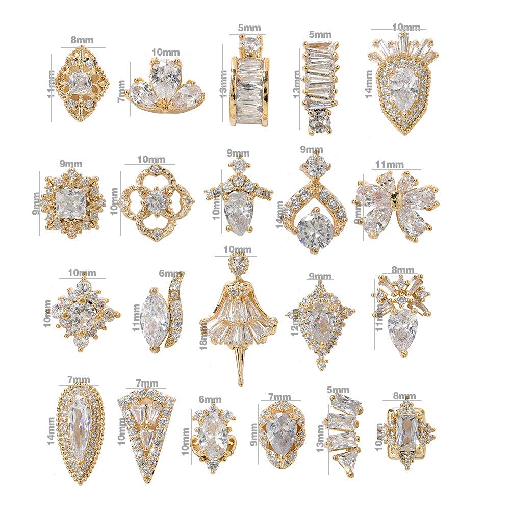 HNUIX Nail Charms and Gems - Gold Copper Zircon, Multiple Shapes 3D Dangle, Metal Jewelry Rhinestones Charms, 21 Pieces