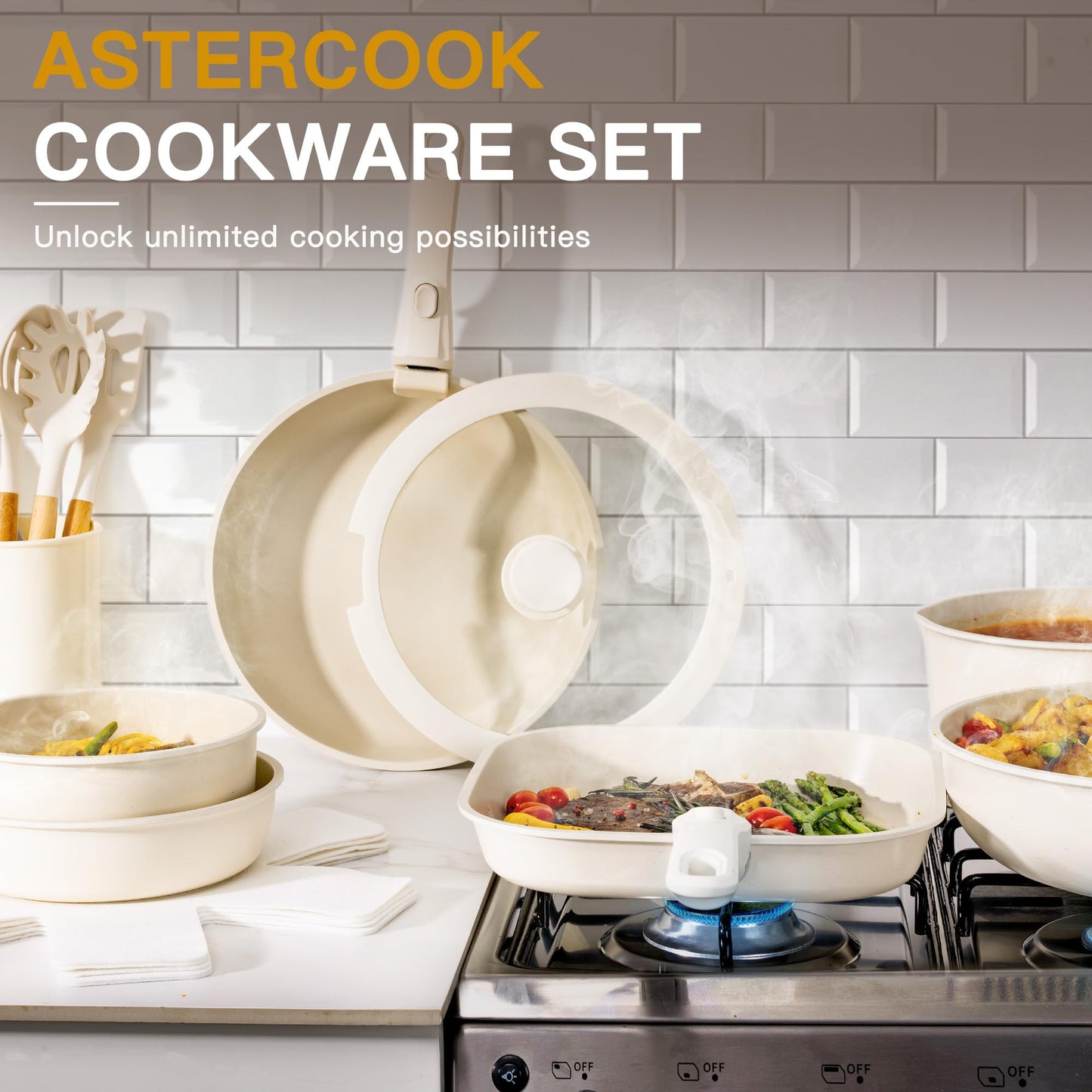 Astercook 23 Pcs Pots and Pans Set Non Stick, Ceramic Cookware Set Detachable Handle, RV Kitchen Cooking Set Removable Handles, Oven Safe, Induction Ready, Stackable, Cream White, Mothers Day Gifts