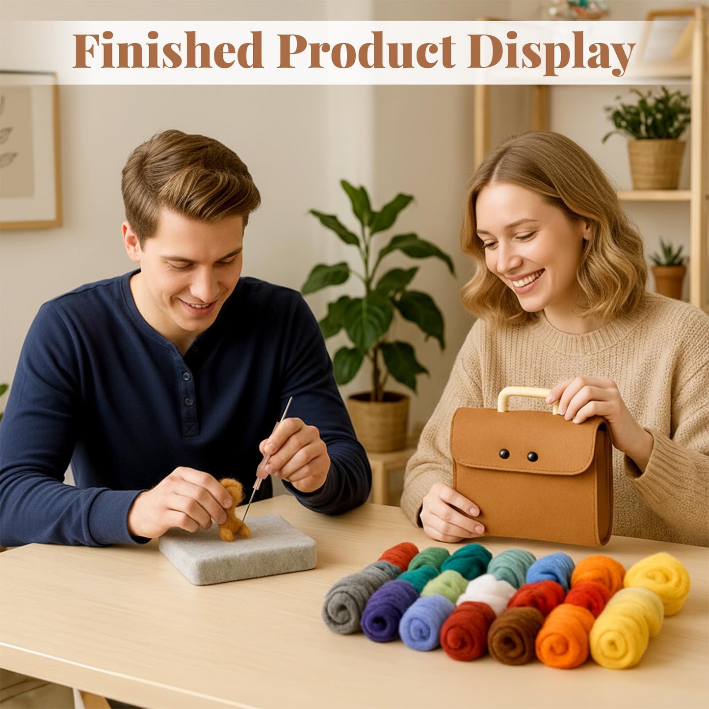 Oqqlin 62 Pcs Needle Felting Kit, Felting Kits for Beginners Adult Including 24 Colors Wool Roving, Felt Needles, Felt Pad, Needle Handles, Finger Beds, Keychains, Fake Eyes, Storage Bag, Instruction