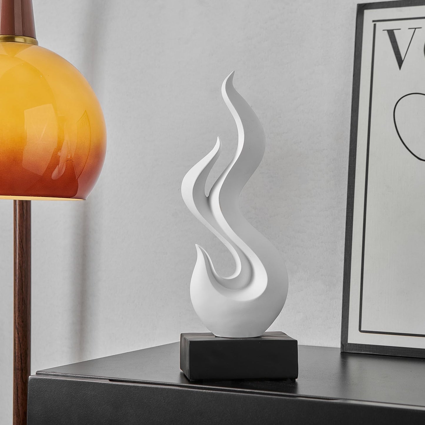 Modern Abstract Art Table Decoration, Gold Decor Flame Statue for Living Room Home, Black Shelf Decor Accents, Abstract Art Resin Sculpture for Dining Room, Office & Coffee Table Centerpiece (White)