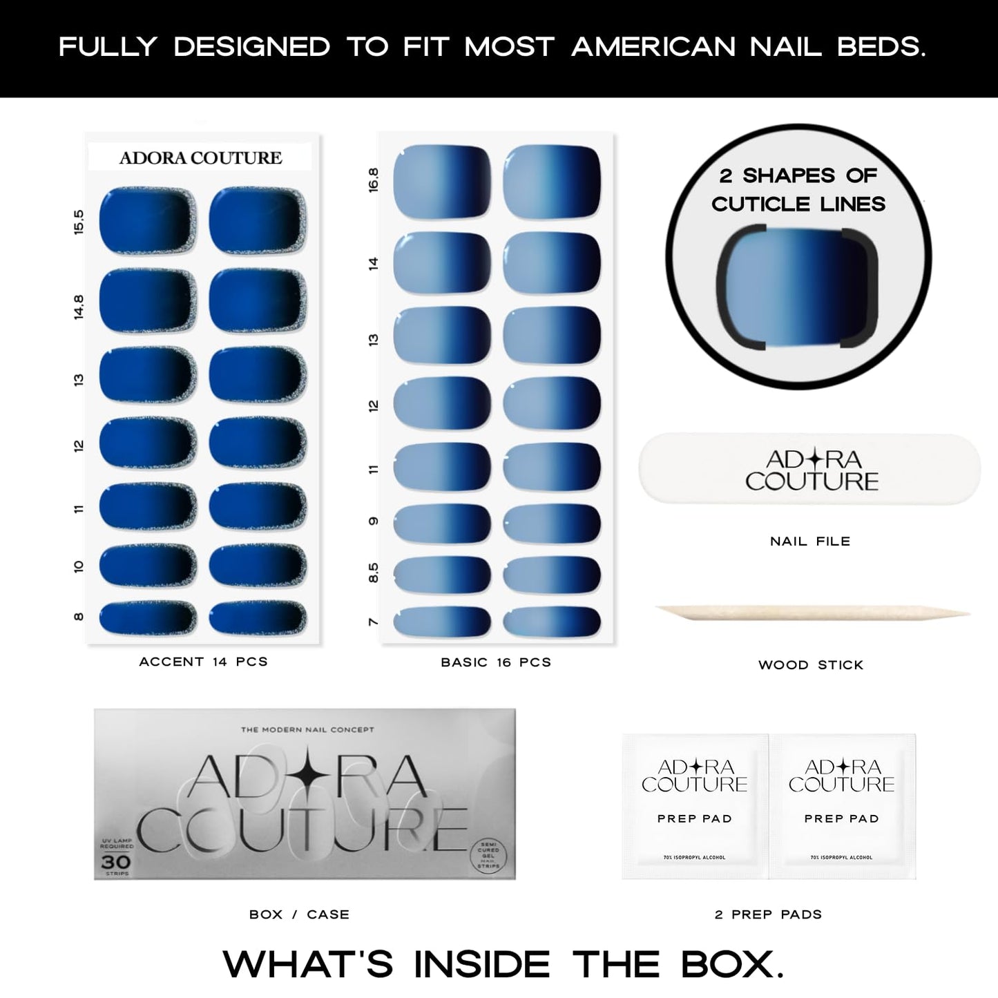 Adora Couture Semi-Cured Gel Nail Strips - 30 Salon-Quality Stickers with UV Light Required, Long Lasting, Easy Application & Removal, Includes Prep Pads, Nail File, Wooden Stick (Blue Regal)
