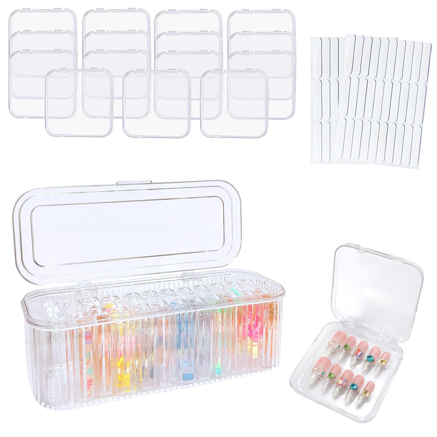 Press On Nail Organizer Box Kit,15 PCS Clear Press On Nail Storage Boxes and 1 Large Container Box,60pcs Adhesive Tape, Fake Nail Organizer Display Case Press On Nail Packaging for Home Nail Salon Use